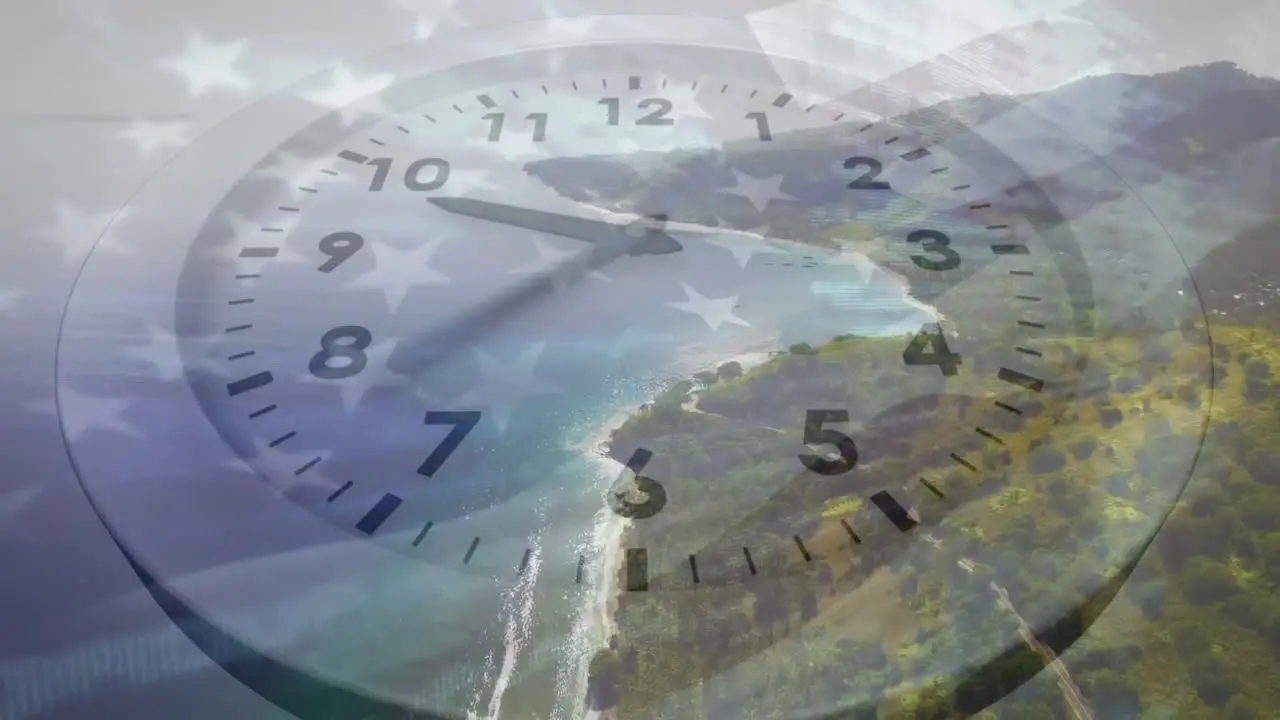 Animation of fast moving hands on clock over american flag and coastline with cloudy sky