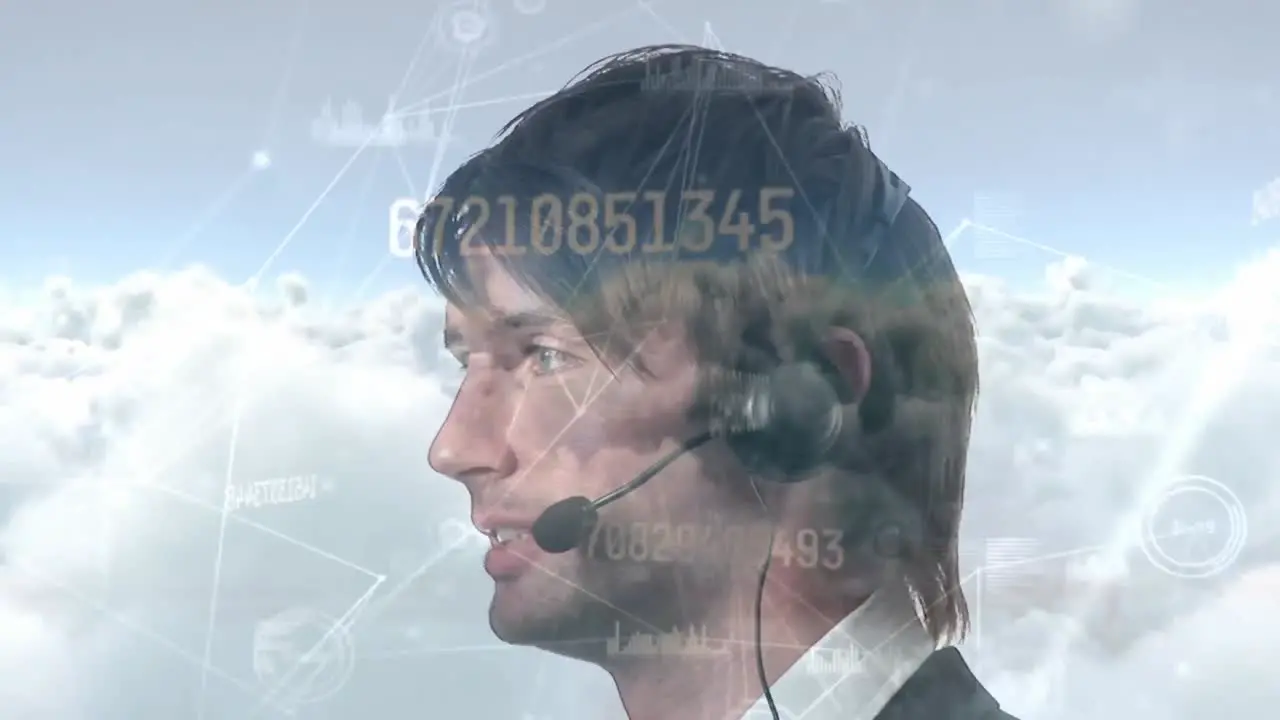 Animation of network and data processing over businessman using phone headset over cloudy sky