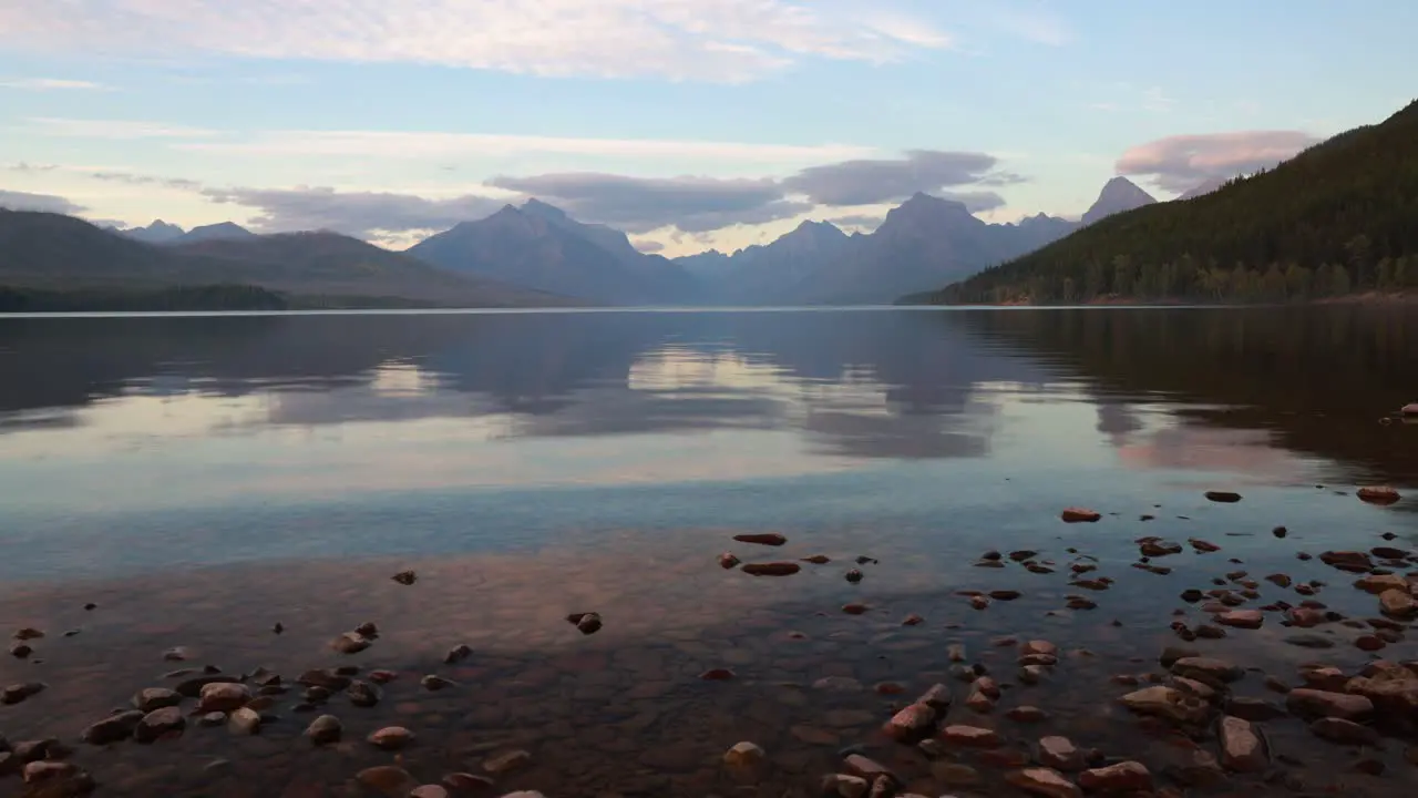 Time Lapse of a calm afternoon at lake Mc Donald in Glacier National Park with clouds moving across the sky