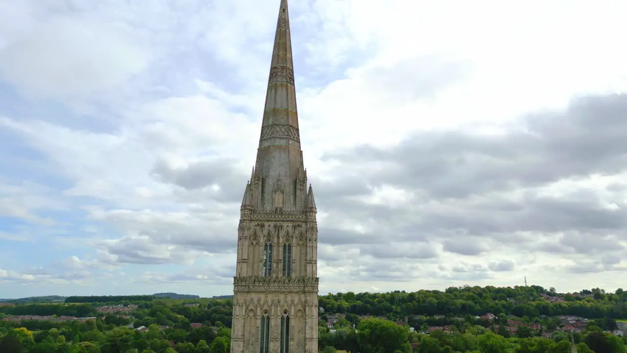 Big sweeping drone shot of a cathedral tower during a cloudy day