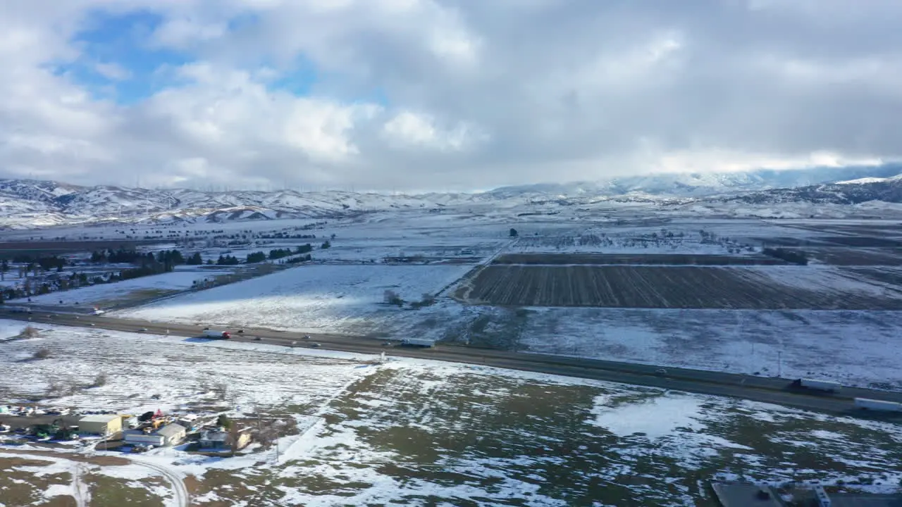 Following Highway 58 on a wintery snowy day in Tehachapi CA