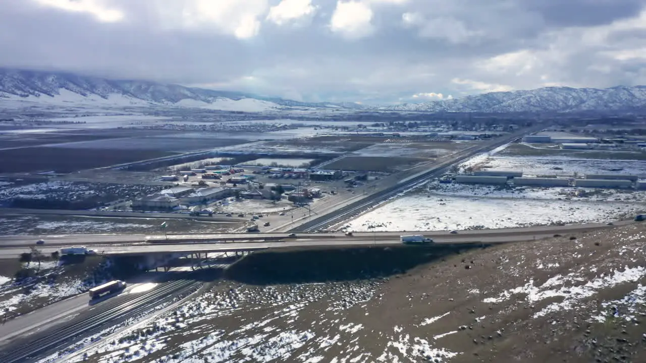 Flying over Highway 58 on a wintery snowy day in Tehachapi CA