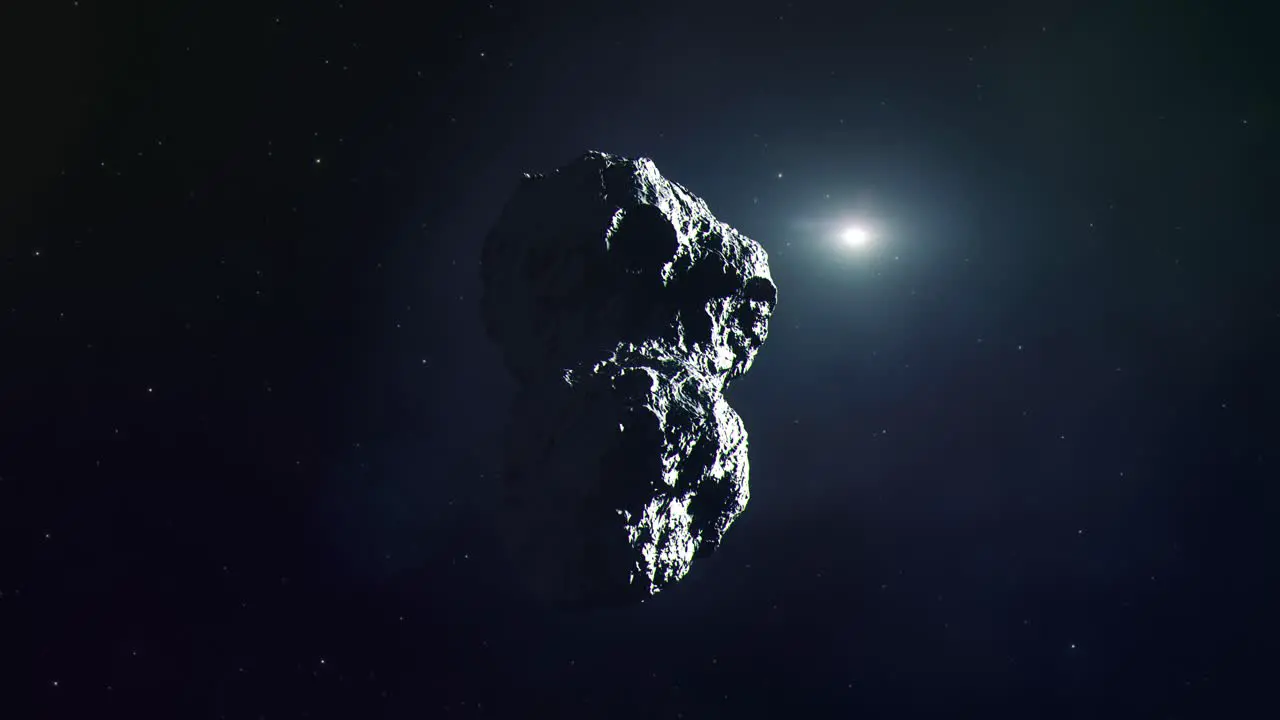 Asteroid Spinning and Careening Slowly in Outer Space with Stars and the Sun in the Background