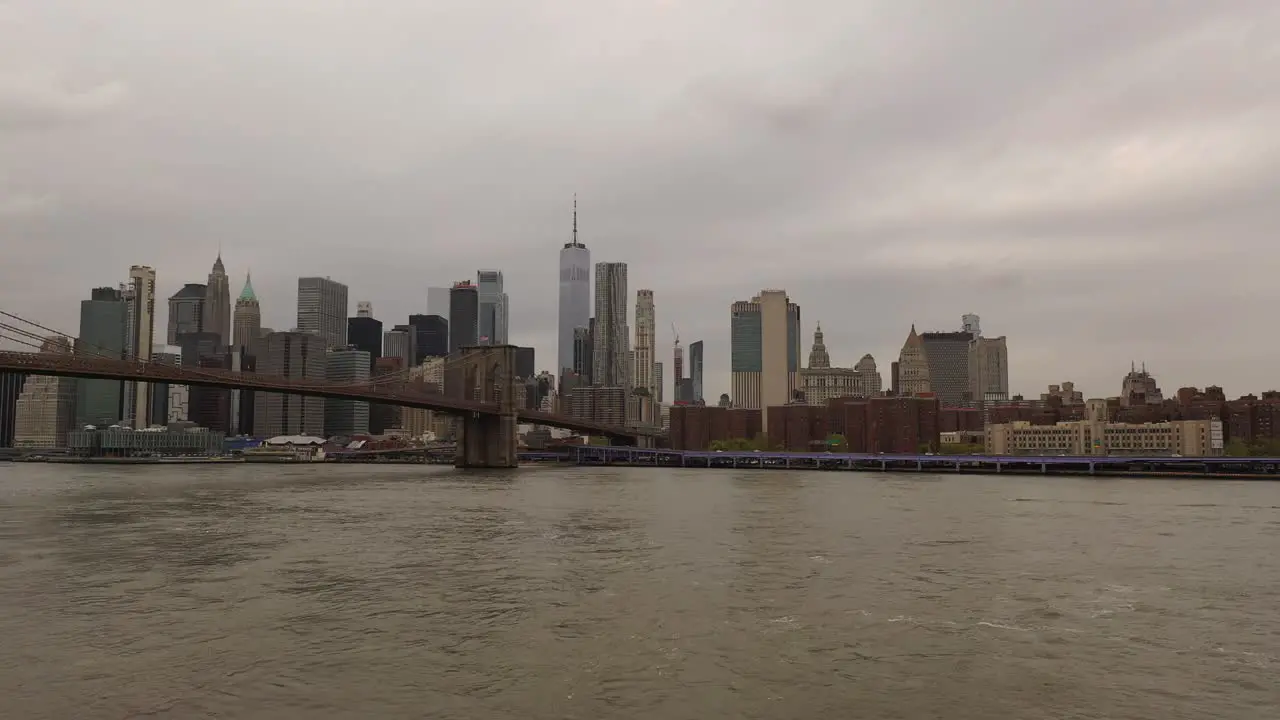 An aerial view over the East River on a cloudy day