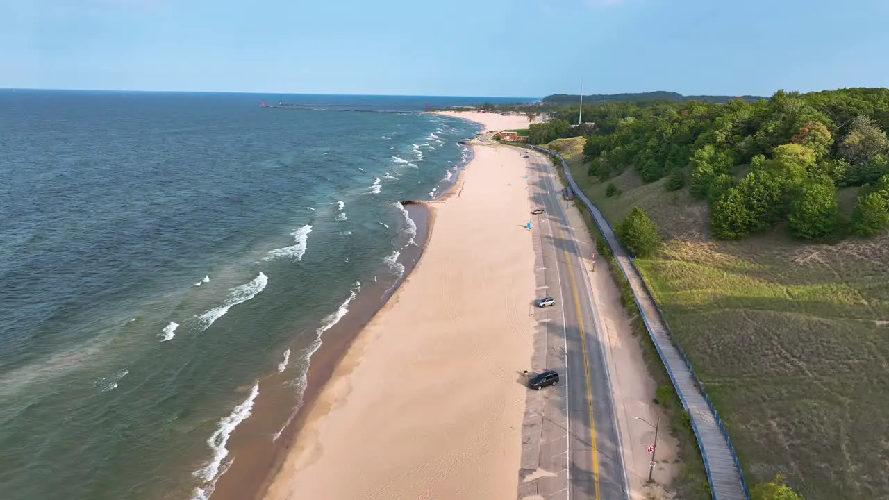 Still aerial high over the straight sandy beach