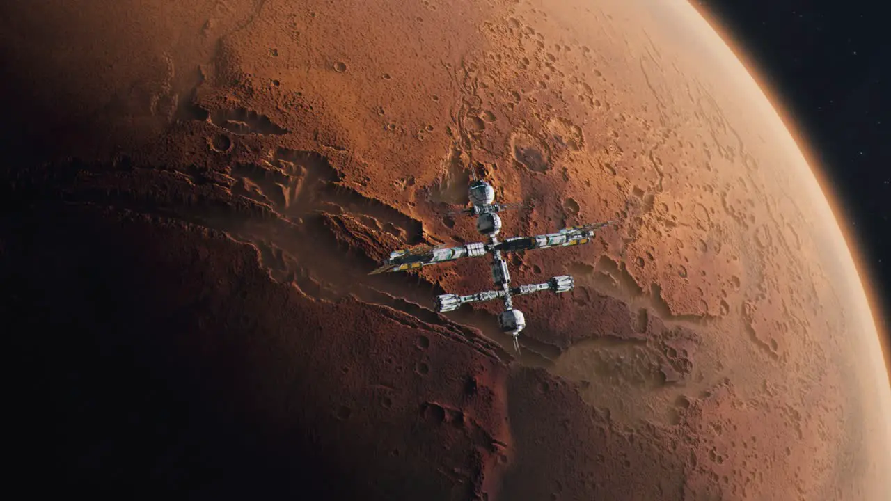 Futuristic Space Station Orbiting Mars The Red Planet