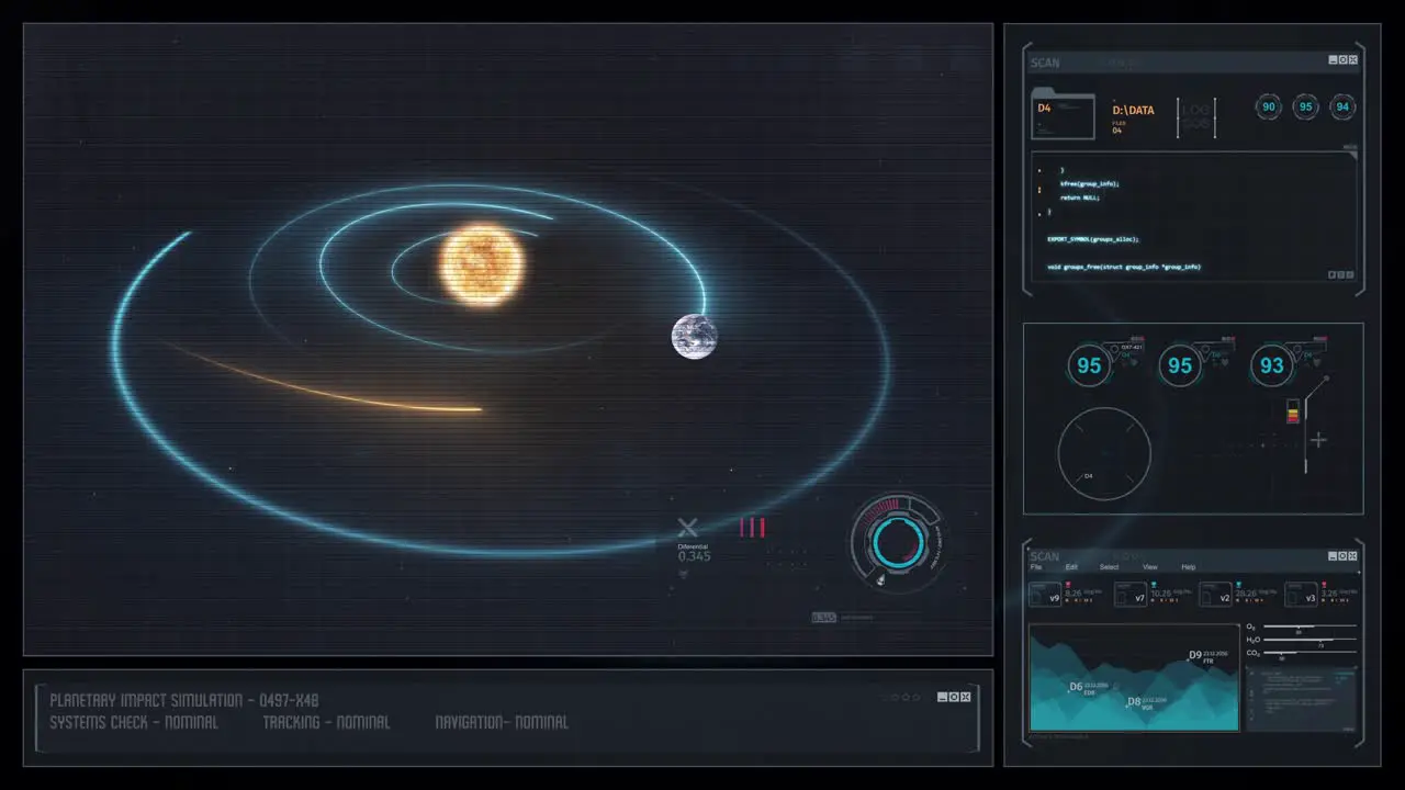 Digital Display Sci-Fi HUD Holographic Solar System with Asteroid Impact