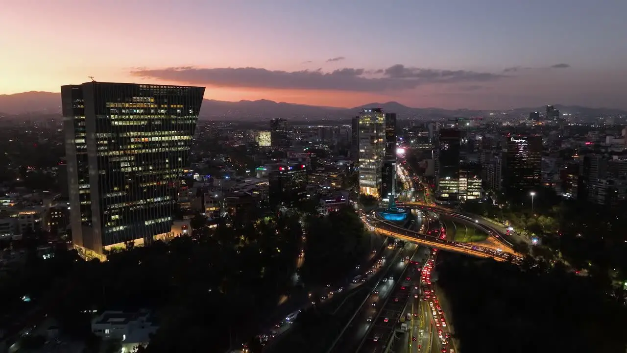 Virreyes building and the Petroleos Fountain sundown in Mexico city aerial view