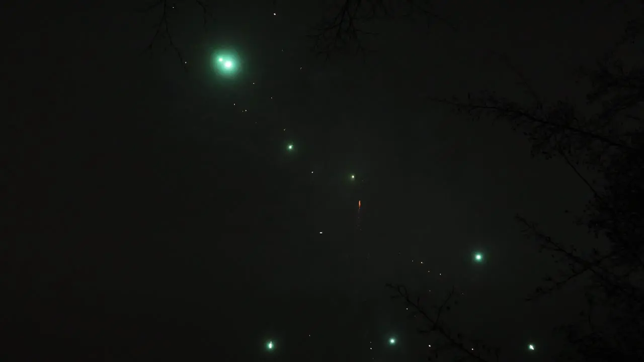 Amazing and colorful fireworks going out over the tree branches on the New Years eve