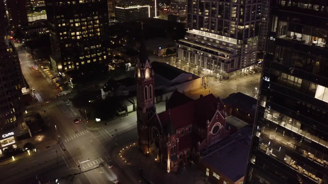 Aerial view of a church at night in the downtown district of Dallas Texas