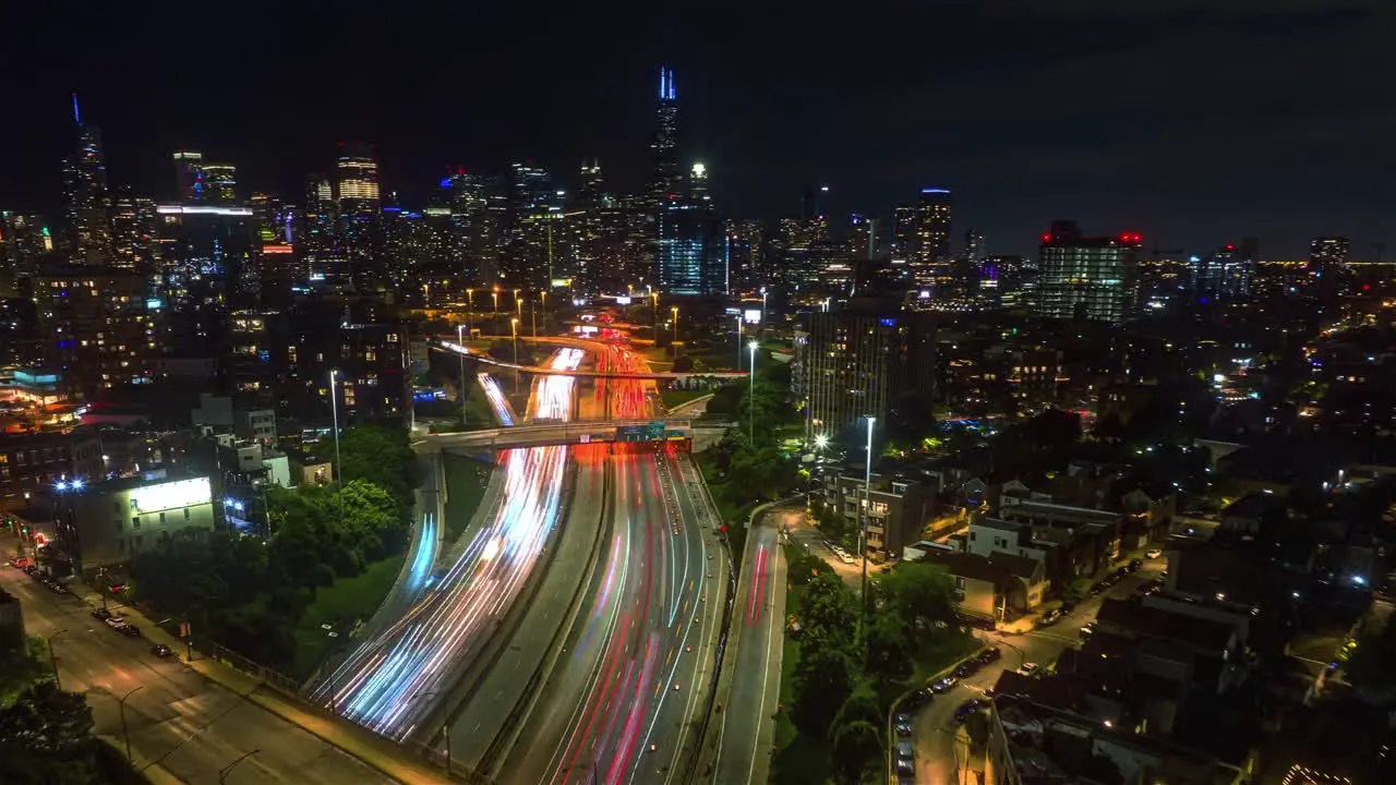 Hyperlapse drone shot of traffic on the 90 94 Interchange night in River West Chicago USA