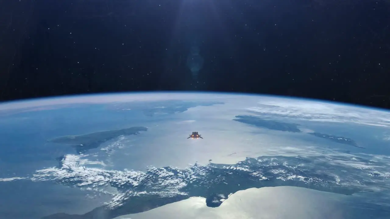 Spaceship Flying Over the Surface of Planet Earth