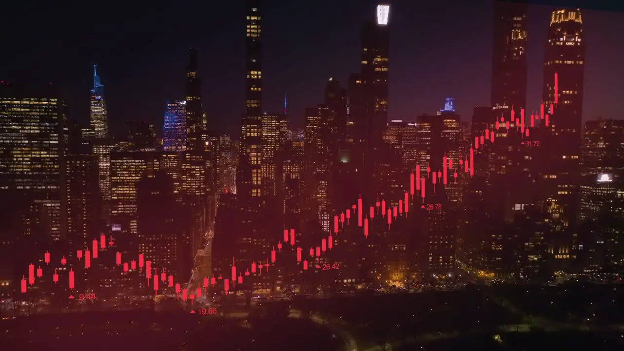 Candlestick chart showing inflation in night lit New York Data visualisation