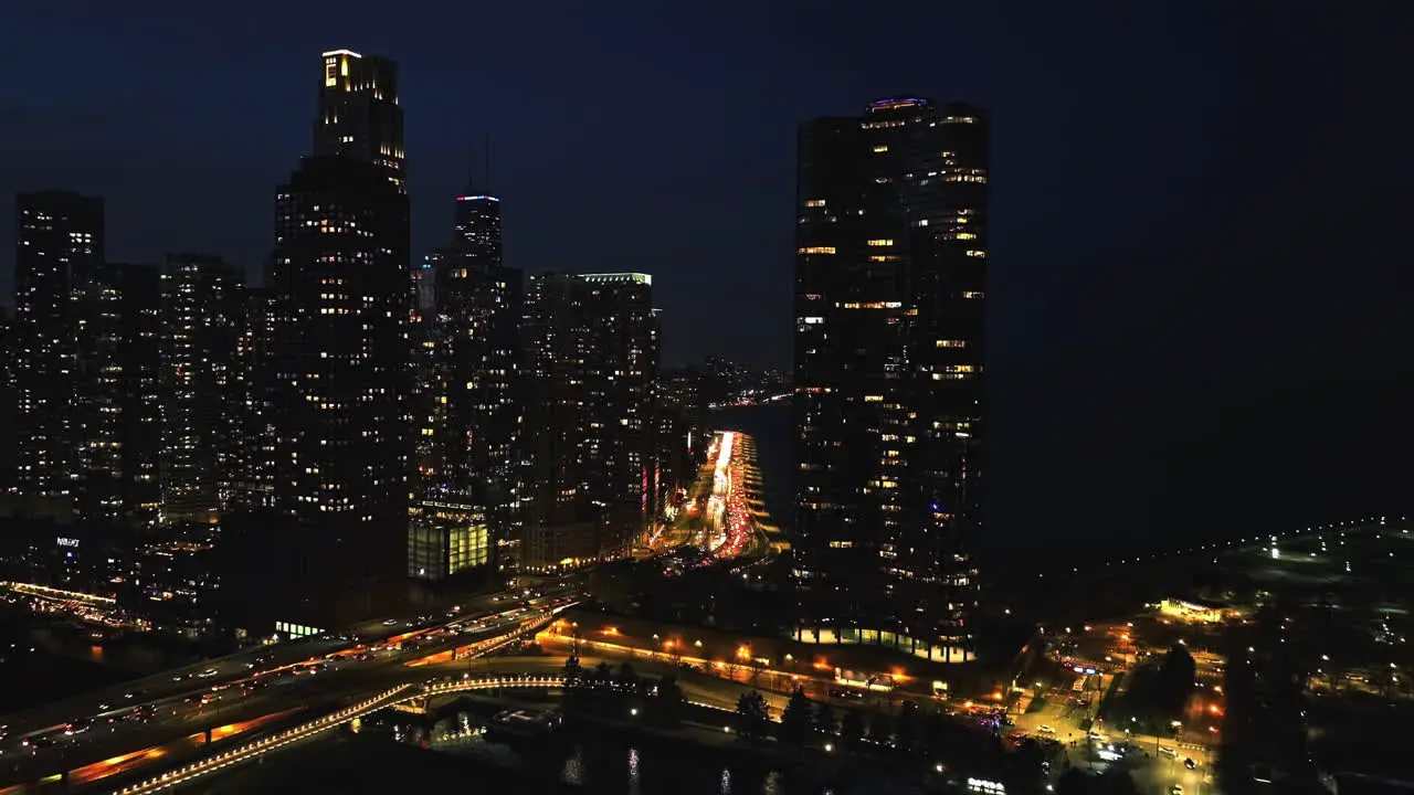 Aerial view toward traffic on the Lake Shore drive night on the lakefront of Chicago