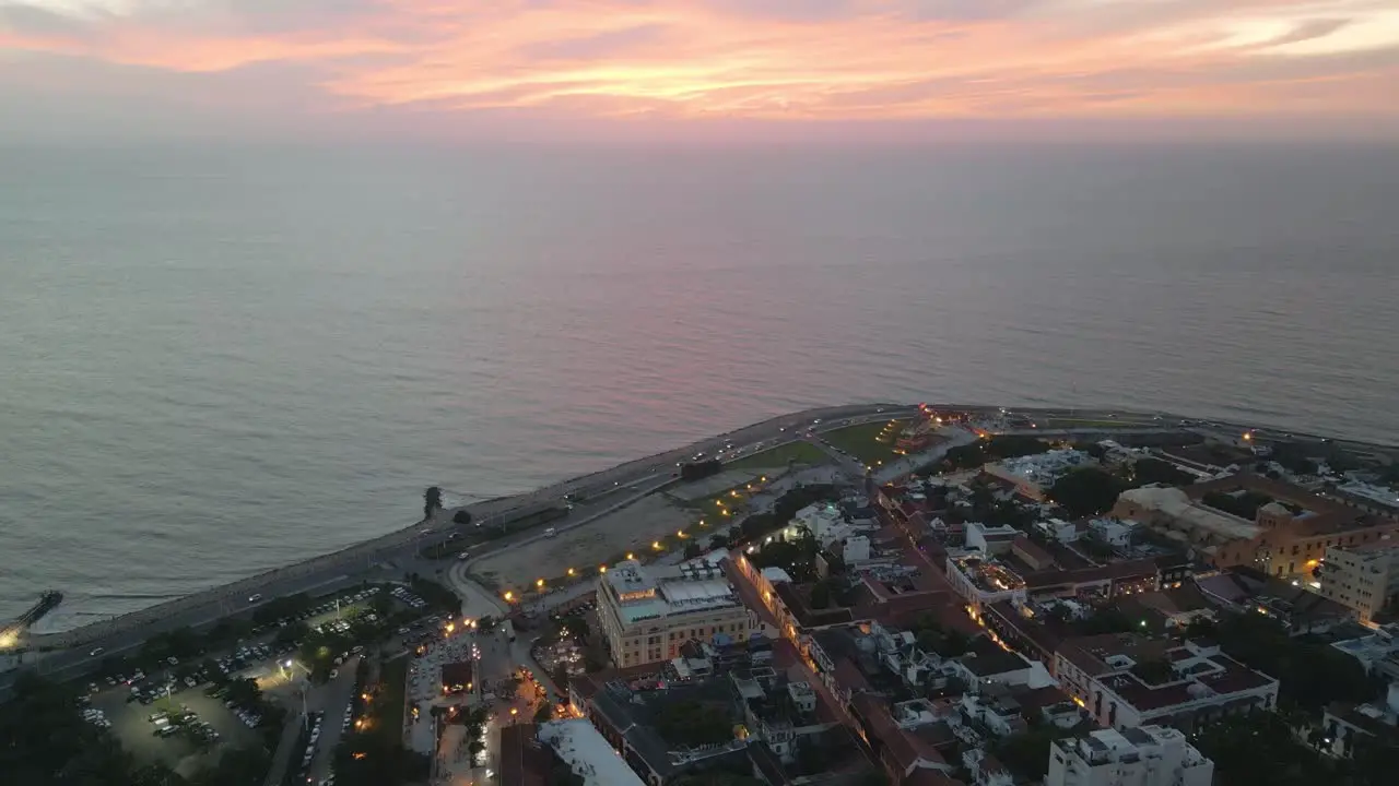 Aerial Sunset Drone Above Cartagena Sea Colombia Historic Cathedral Coastline and Cityscape Travel Destination in Latin America