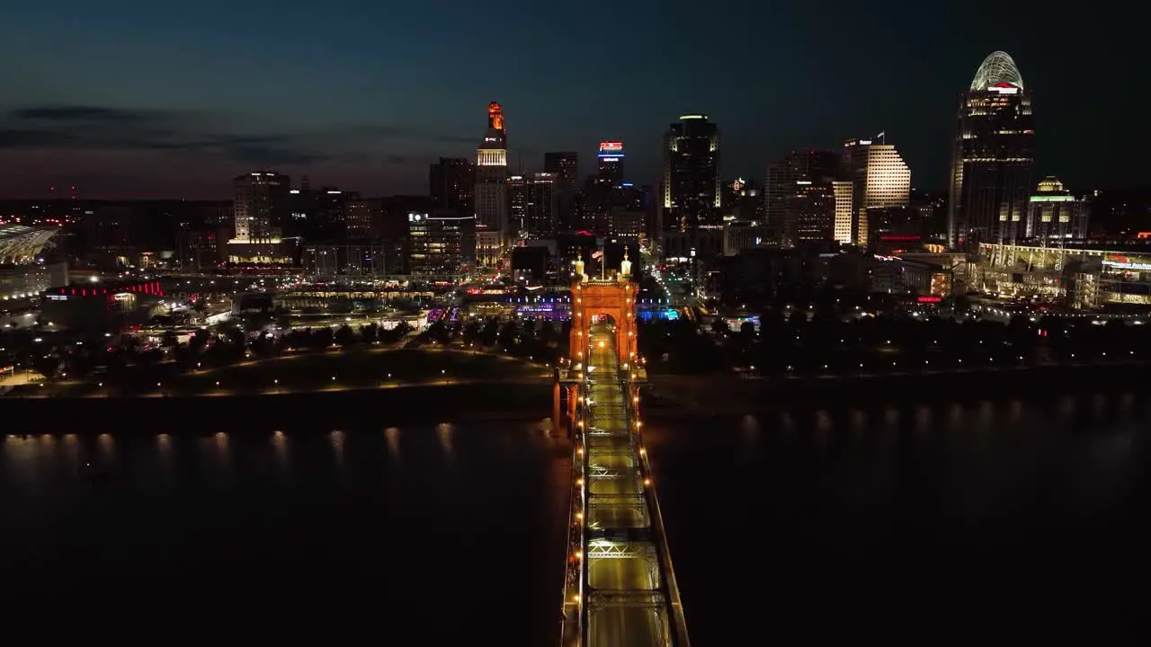 Aerial view over the Roebling Bridge towards the Cincinnati city night in Ohio USA