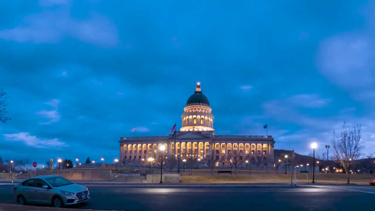 Salt Lake City Utah State Capitol Building sliding nighttime time lapse at dawn