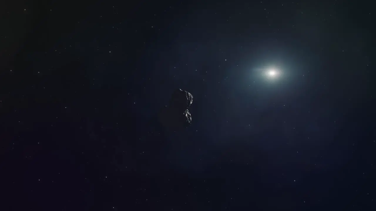 Asteroid Rotating and Slowly Approaching in Outer Space with Stars and the Sun in the Background