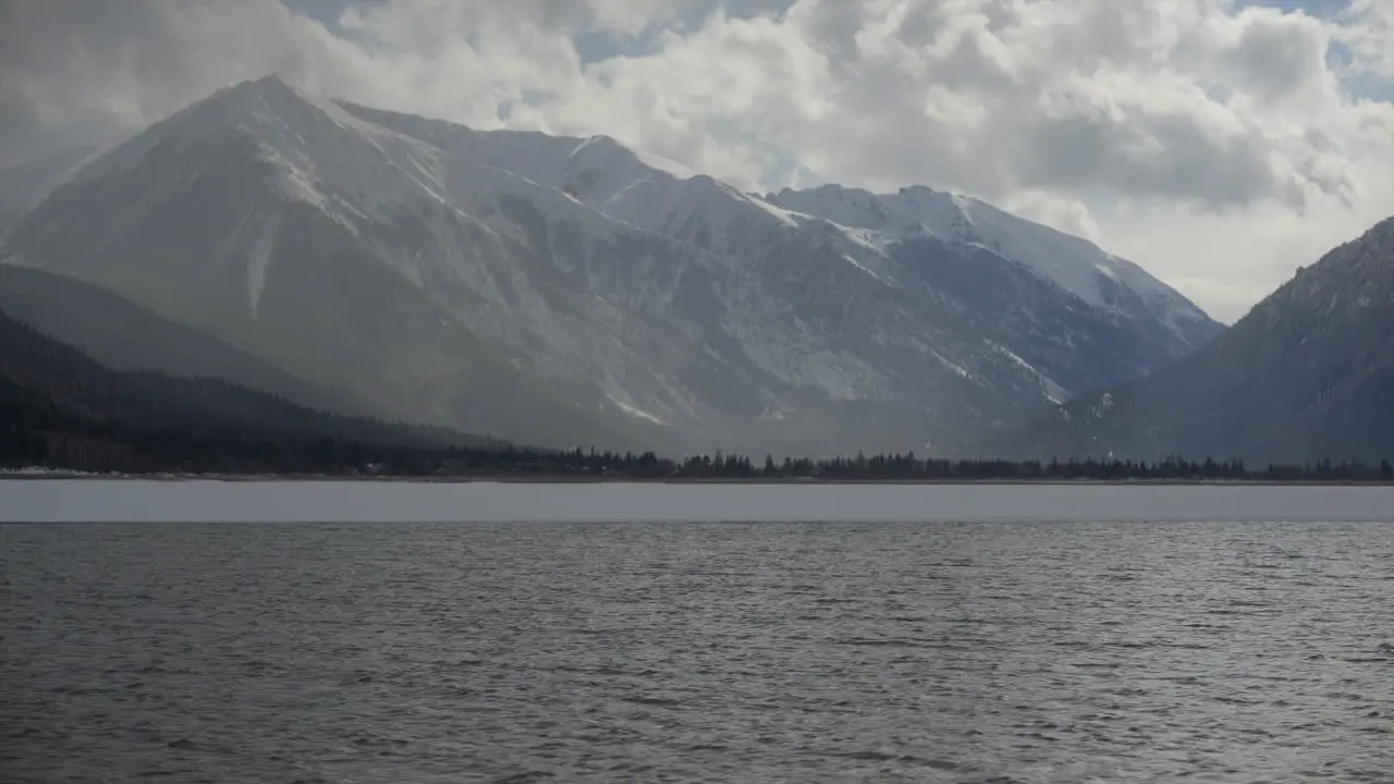 Daytime view of the lake at Twin Lakes with snowy mountains in the background and visible lake waves