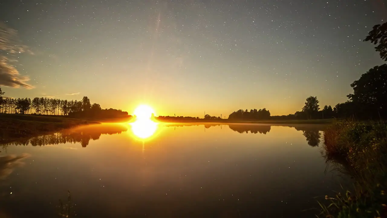 Time lapse shot of golden sunset changing to night with flying stars over lake in nature