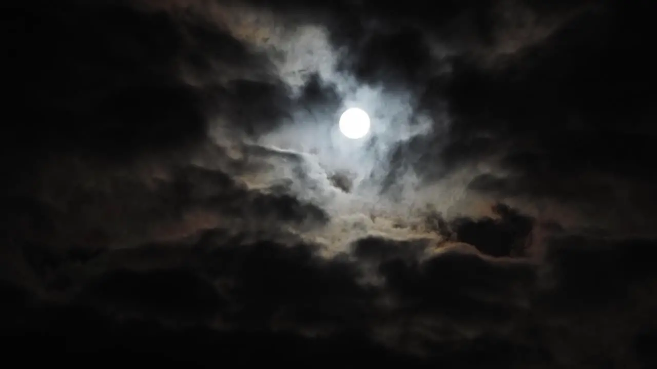 Slow time lapse of stationary full moon with halo behind clouds copy space