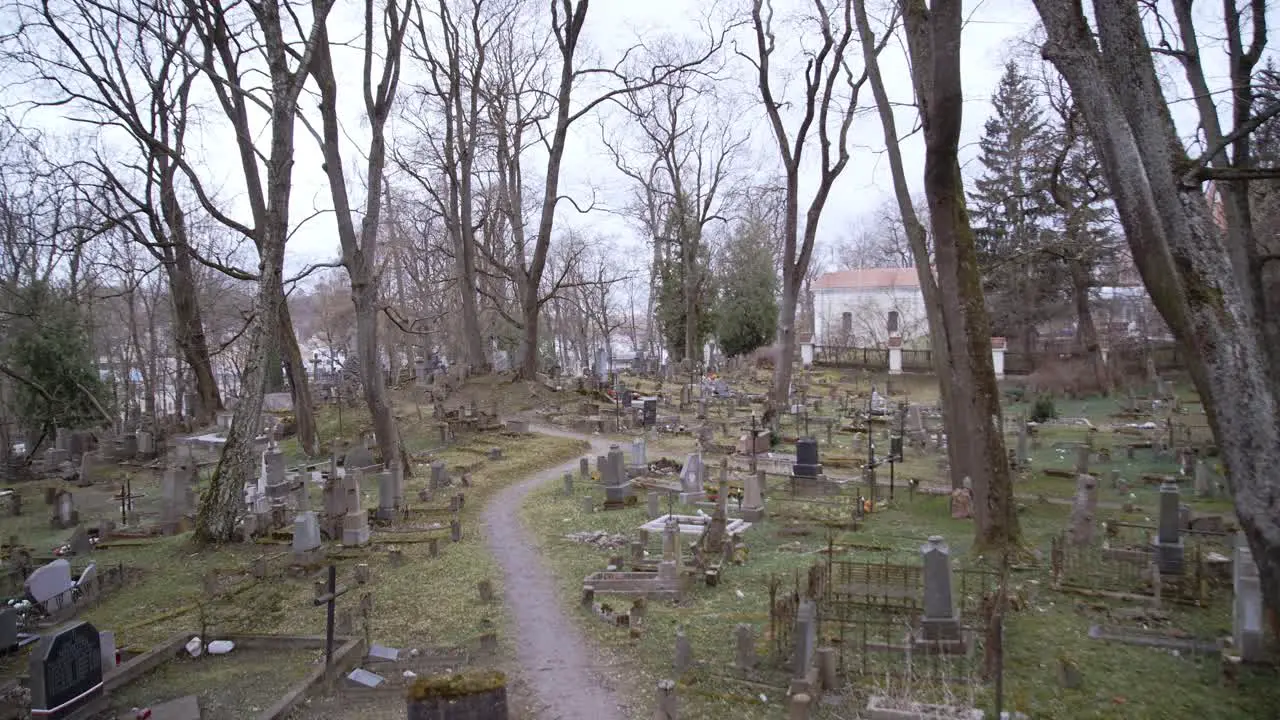 Wide Panorama of Bernardinai Cemetery with Gravestones and Tombstones with Graves