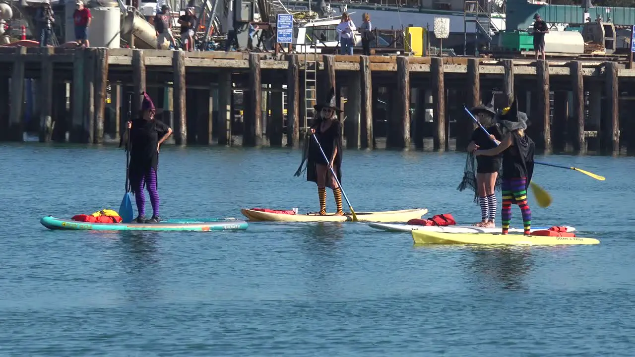 Witches In Costume Paddle On Surfboards And Paddleboards To Celebrate Halloween In Ventura Harbor California