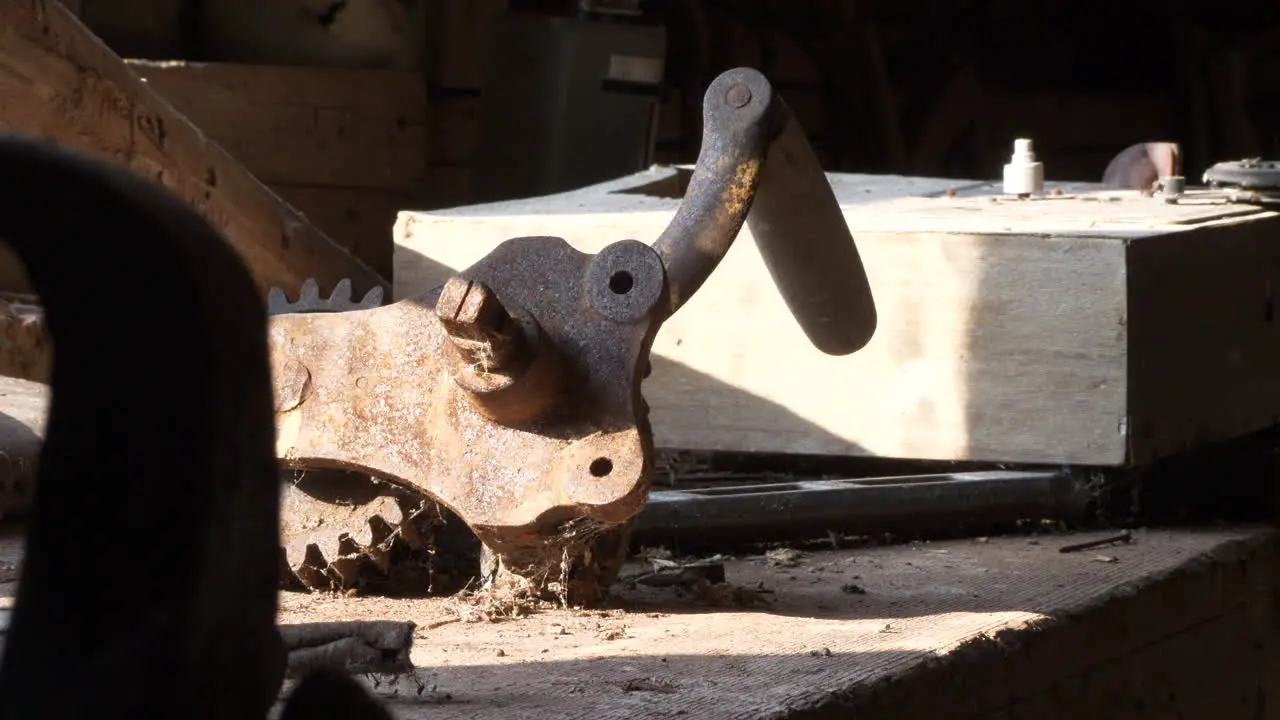 Old Metal Tool on Bench in Abandoned Shed Nostalgia Dolly