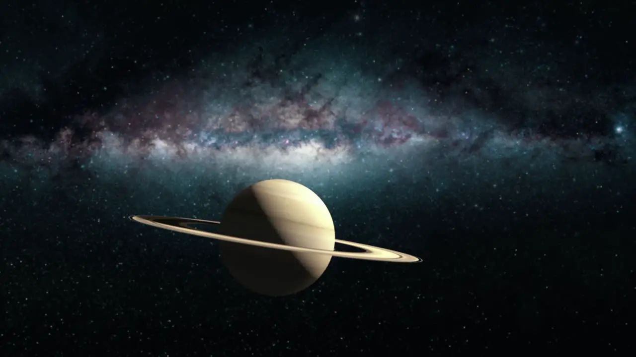 Approaching the Gas Giant Planet of Saturn with Milky Way Backdrop