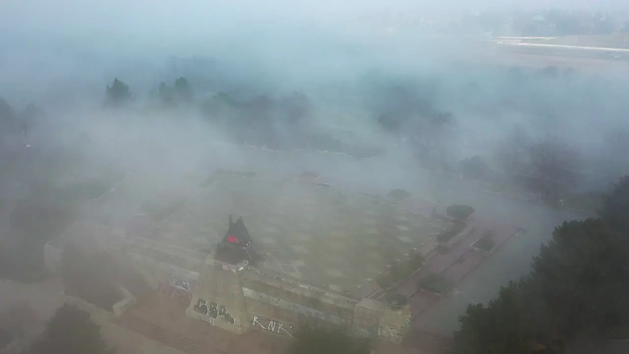 Aerial View of Metronome Monument and Stalin Plaza in Dense Fog Prague Czech Republic