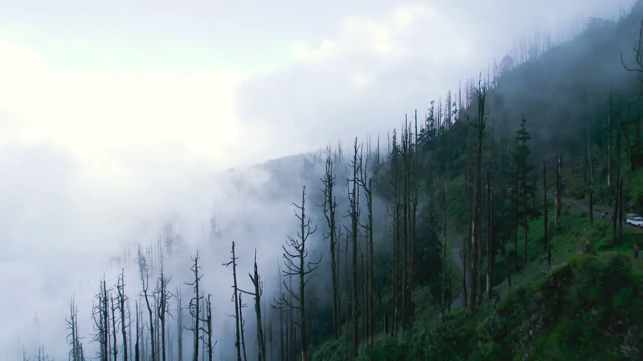 FPV drone shot of Nepal landscape with clouds monsoon season gloomy mood Horror cinematography