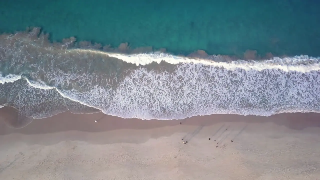 Top Down Aerial waves breaking on the sandy shore of Shoal Bay in Australia people walking on beach during golden hour