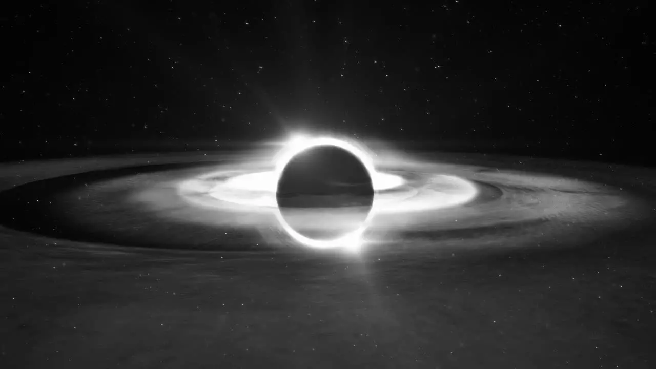 Black and White Black Hole Animation with Event Horizon light and time distorted by gravity in outer space