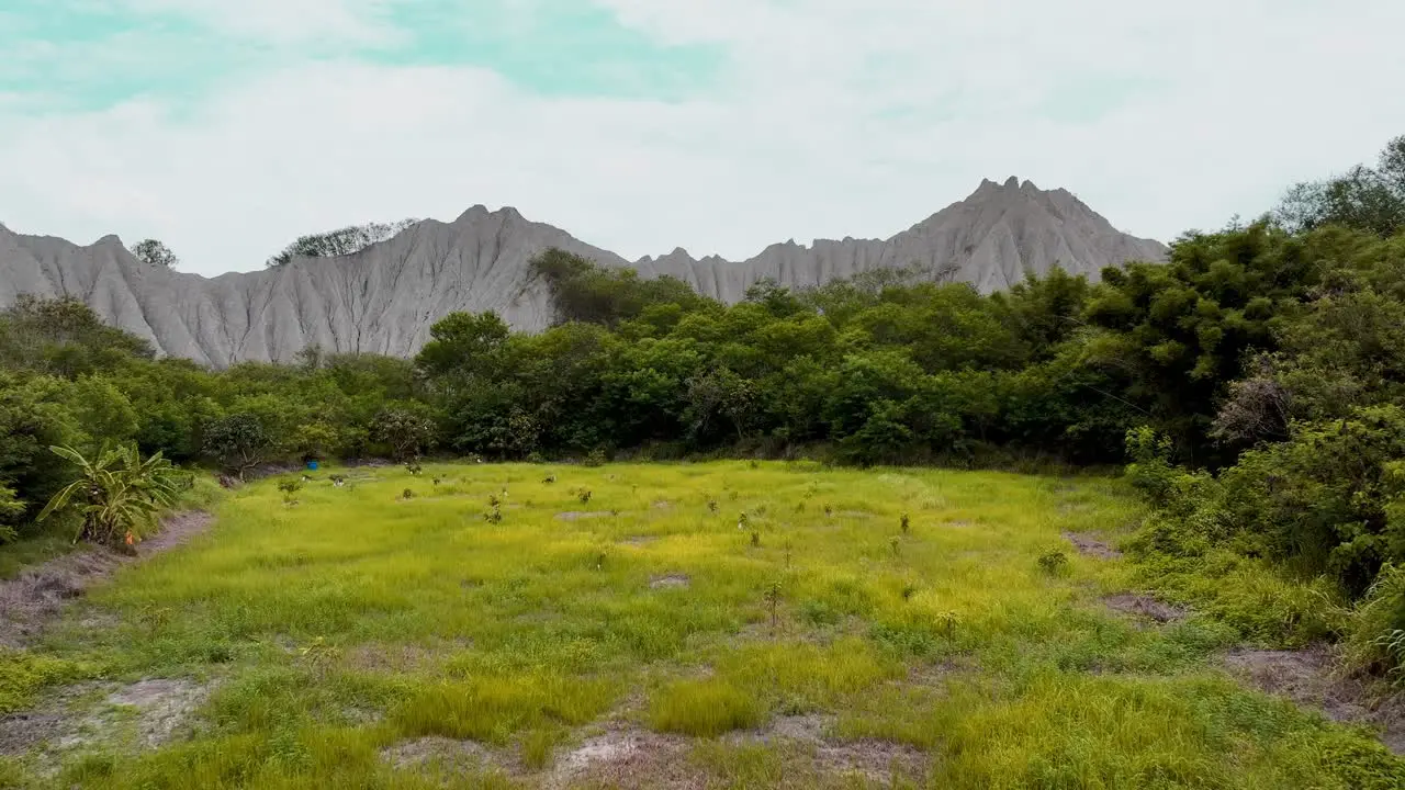 Ascending drone shot of green field with plants and volcanic mountains of moon world in sunlight