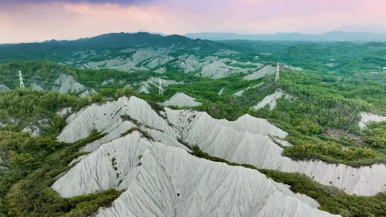 Aerial birds eye shot of asian badlands during golden sunset in Taiwan Moonscape Lunarscape Landscape Tianliao Moon World 田寮月世??