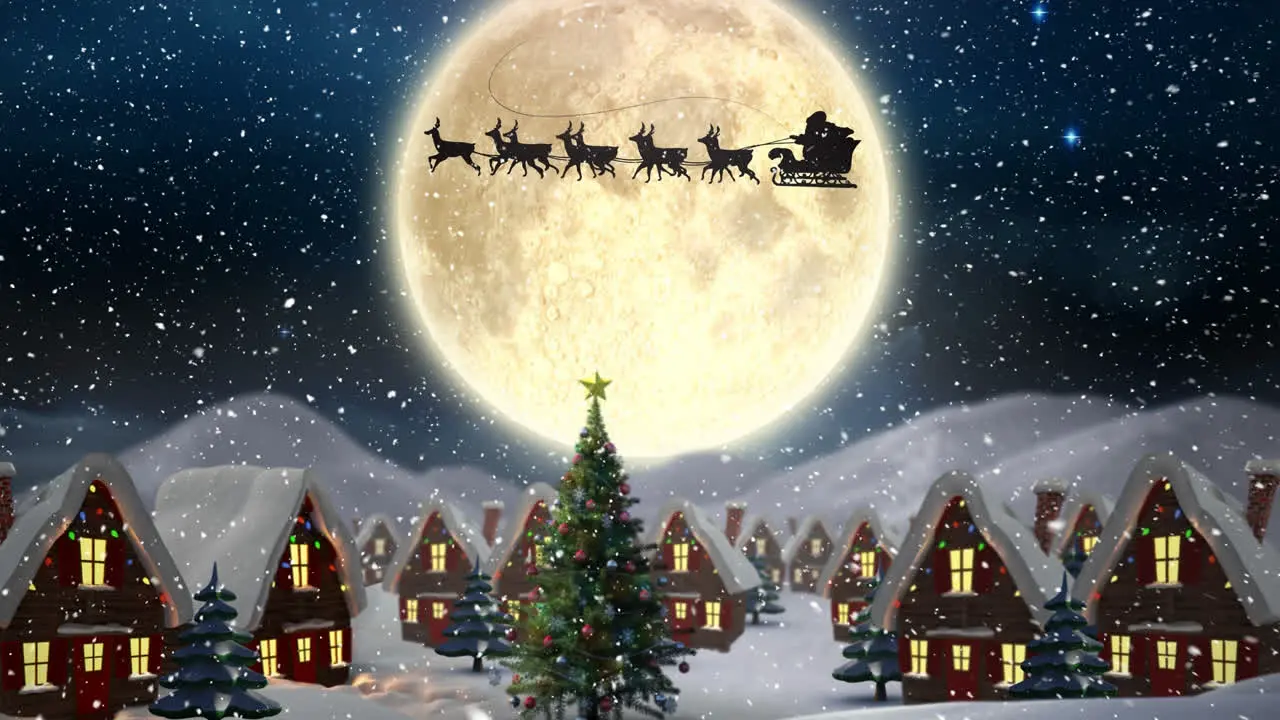 Video composition with snow over night winter scenery with santa on sleigh