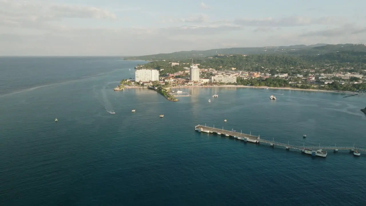 Wide aerial view of luxury resort off Jamaican cost