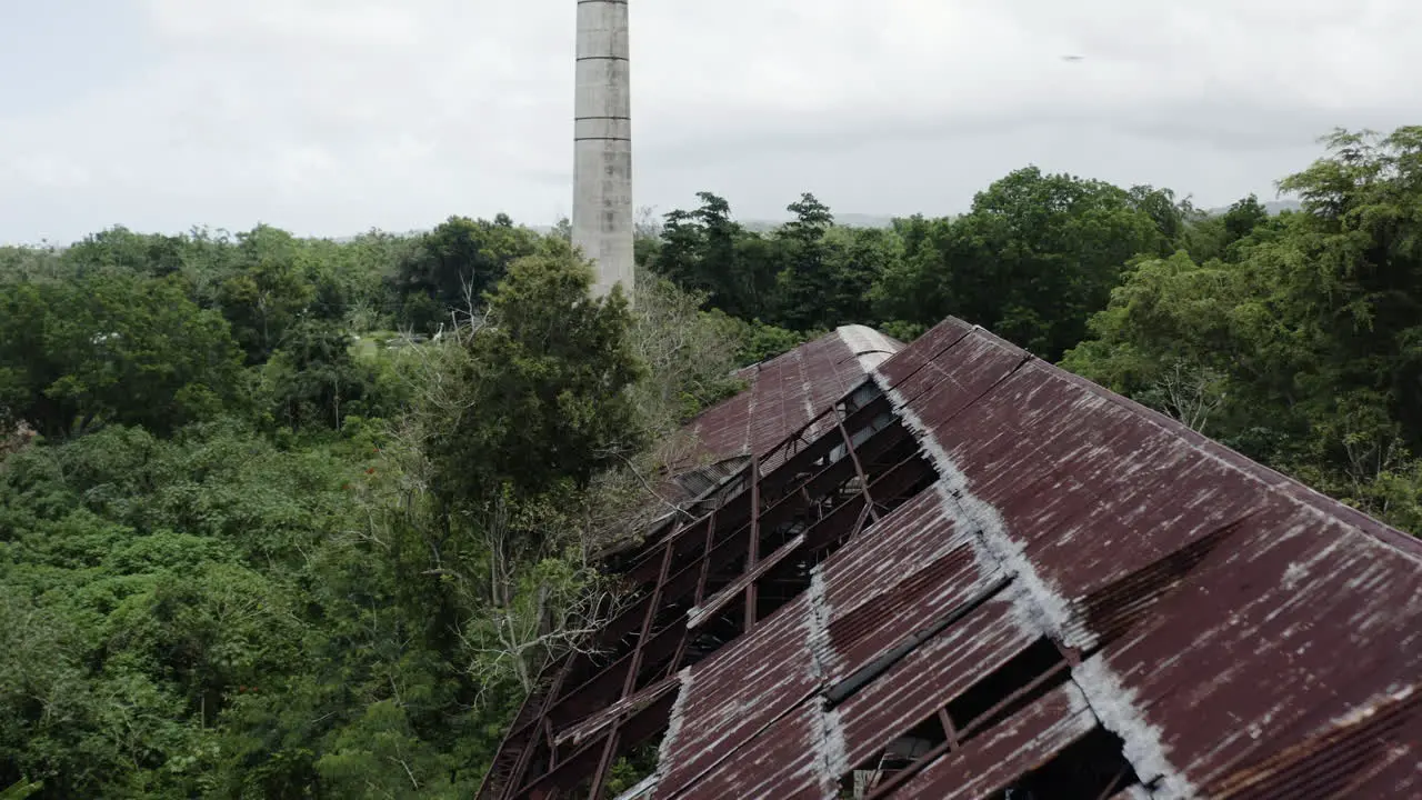 Aerial drone footage over the ruins of the old abandoned factory at Los Canos Puerto Rico