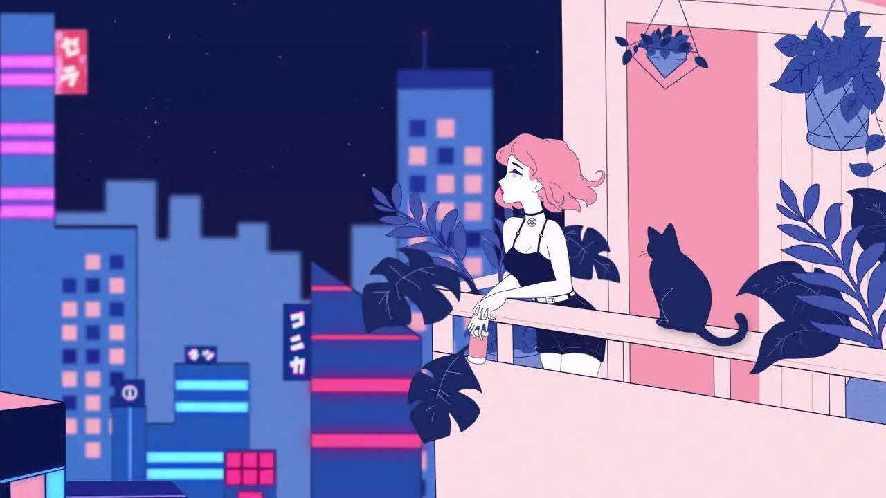 2d animation girl with pink hair drinks a coffee on her terrace while watching Tokyo at night with her cat