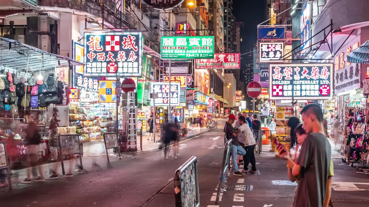 Time lapse of busy street with beautiful neon light signboards at night in Hong Kong