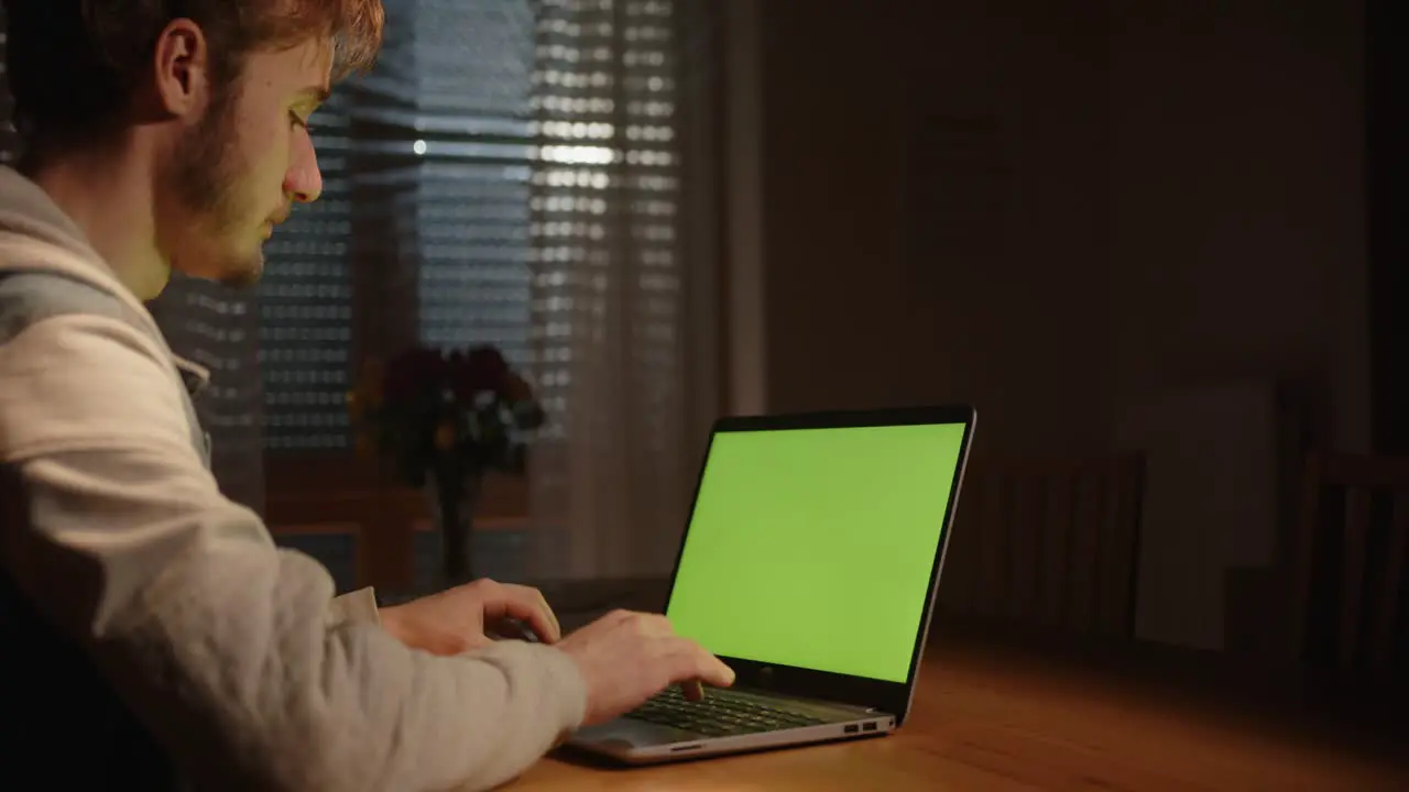 someone is typing on the laptop with green screen in the living room with fog and light from outside