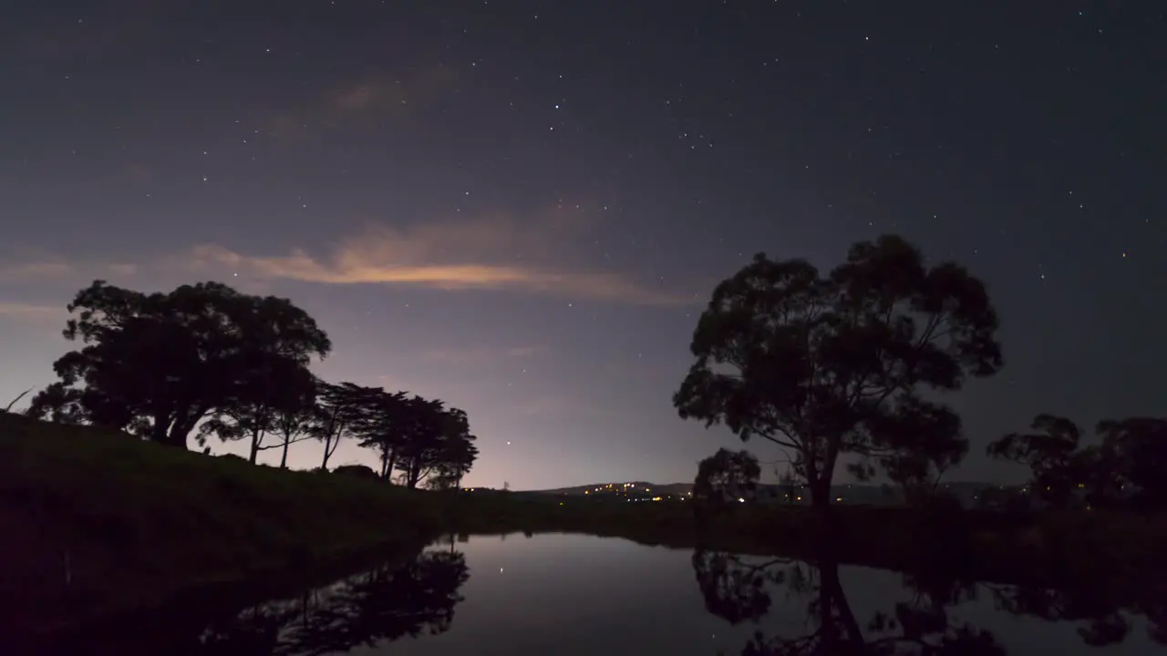 A time lapse of the stars over rural Australian landscape with a gum trees in the foreground and the reflection of the night sky in the water of a dam