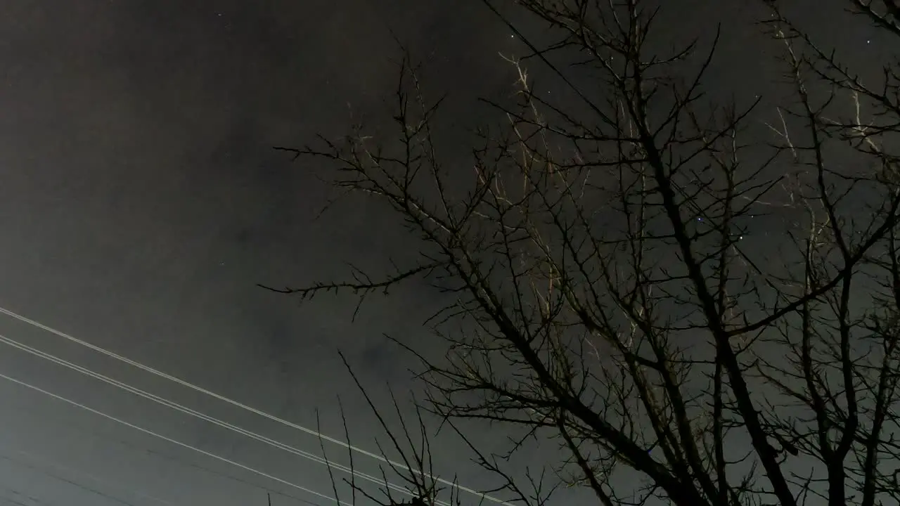 Time lapse of clouds moving fast above a tree and electric wires at night time