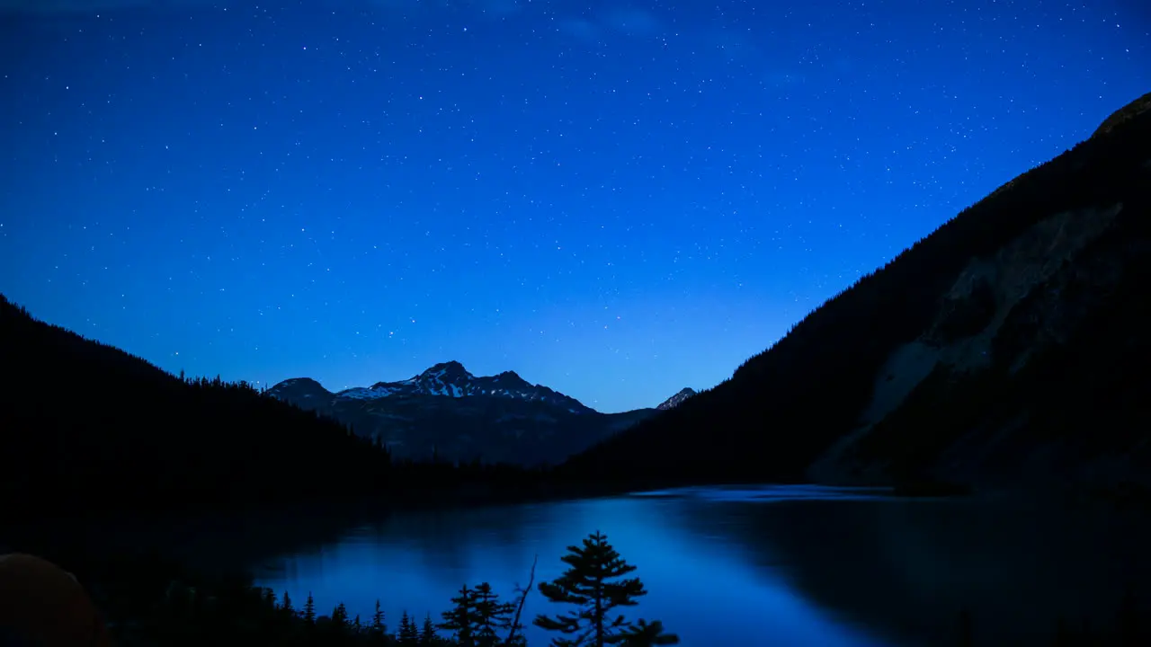 Starlapse on Mountain Side Glacier Lake to Whiteout Taken at Joffreys Lake BC Canada