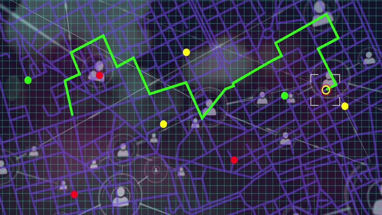 Animation of network of profile icons and gps navigation against night city traffic