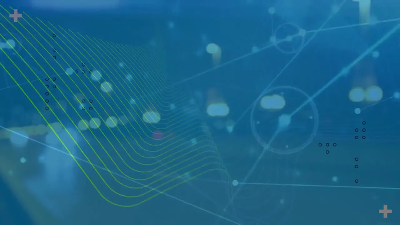 Animation of network of connections and digital wave against view of night city traffic