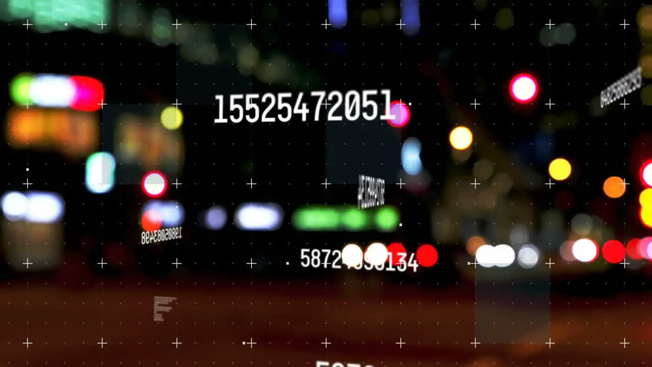 Digital composite video of multiple changing numbers against night city traffic