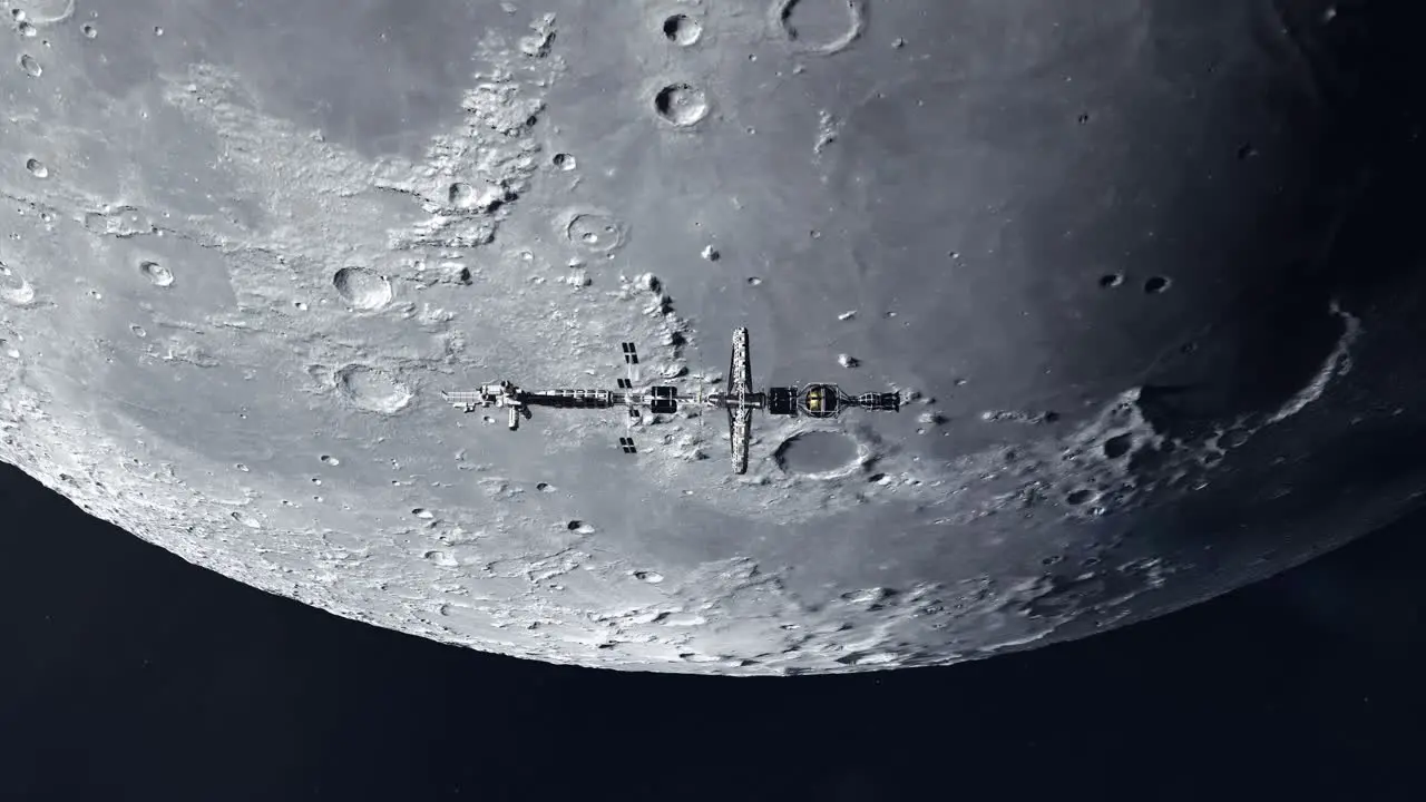 Large Futuristic Spaceship Passing by the Moon in Lunar Orbit