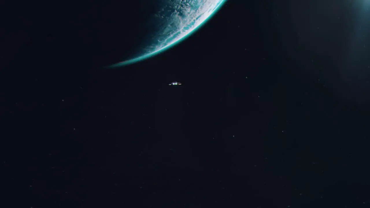 Establishing Shot of a Small Spaceship Approaching an Alien World Water Planet