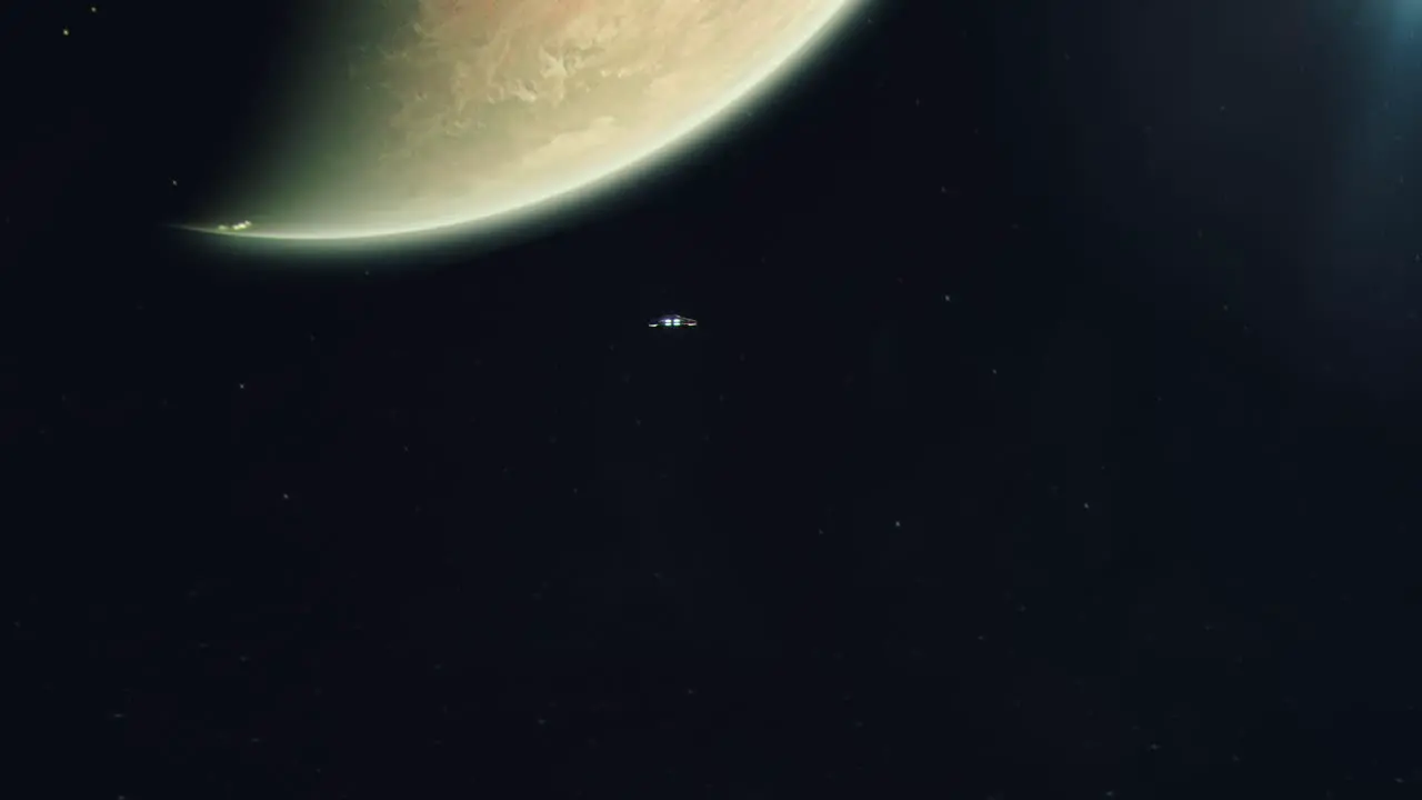 Establishing Shot of a Small Spaceship Approaching an Alien World Inhabited Desert Planet